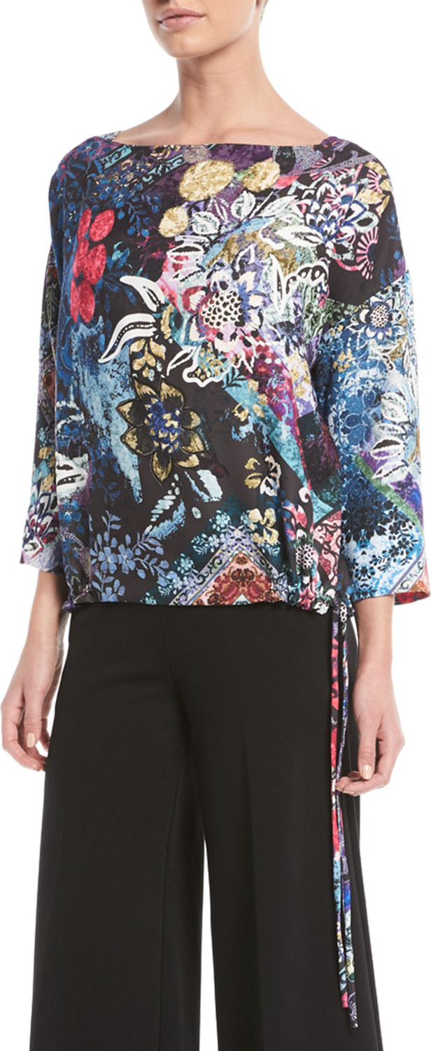 Fuzzi 3/4-Sleeve Multi Floral-Print Tulle Drawstring Top