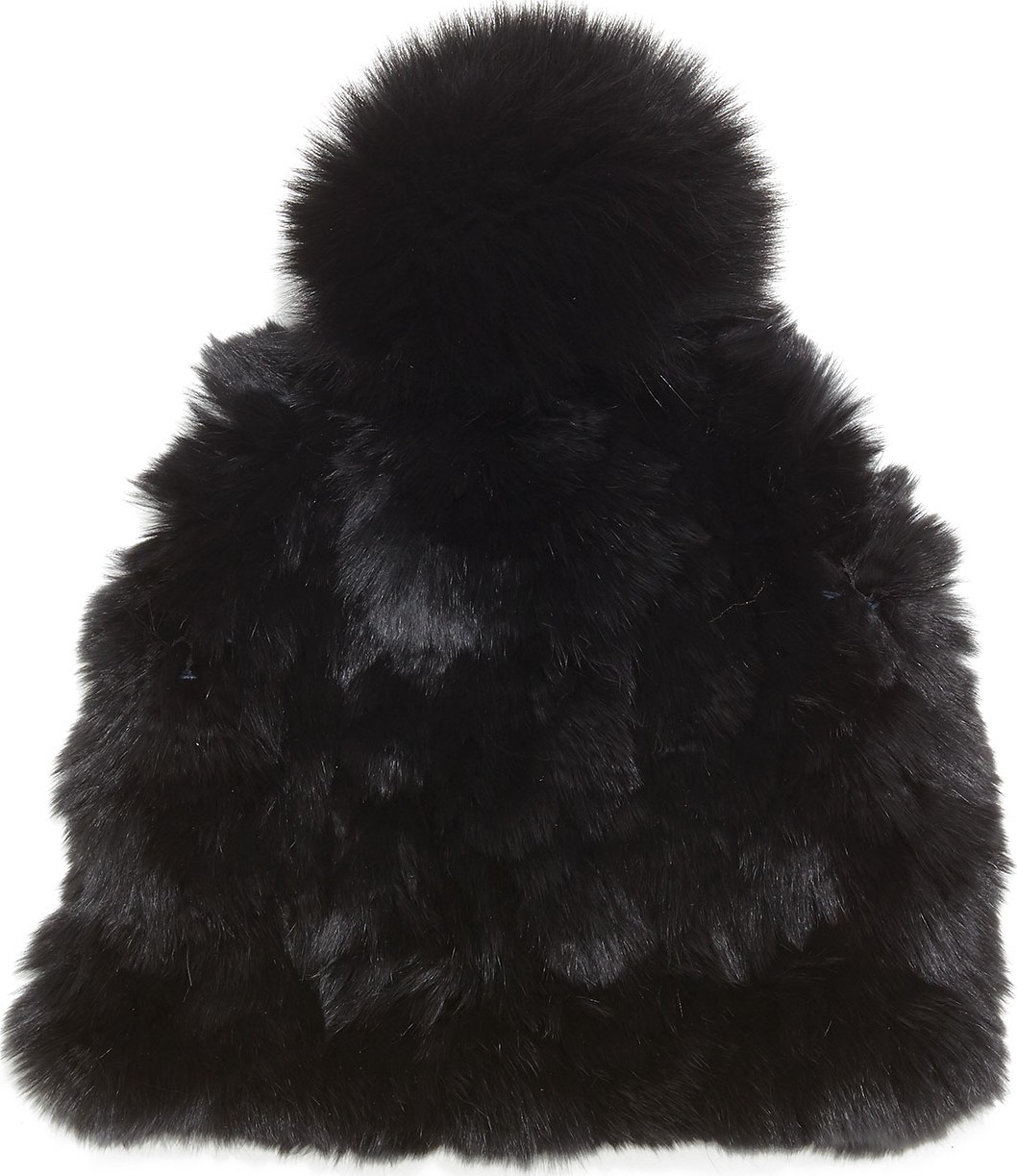 Glamourpuss Knitted Fur Pom-Pom Hat, Black