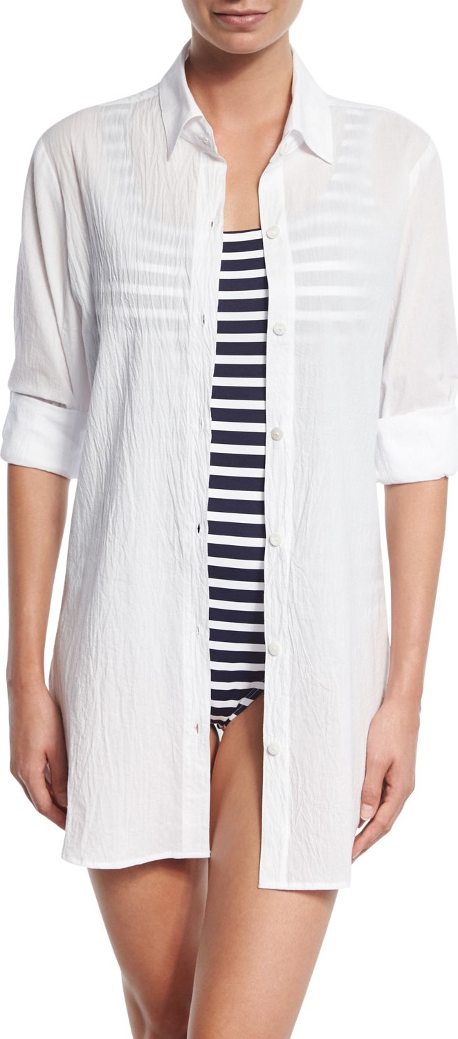 Tommy Bahama Crinkled-Cotton Boyfriend Coverup Shirt
