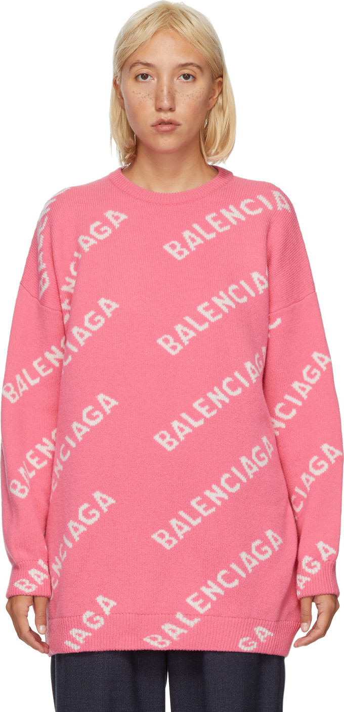 Balenciaga - Pink & White All Over Logo Sweater