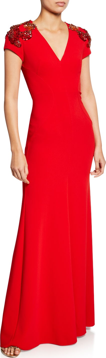 Jenny Packham Lugano Cap-Sleeve Beaded V-Neck Gown