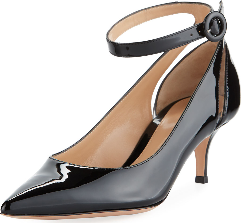 Gianvito Rossi Shiny Patent Low-Heel Ankle-Strap Pumps