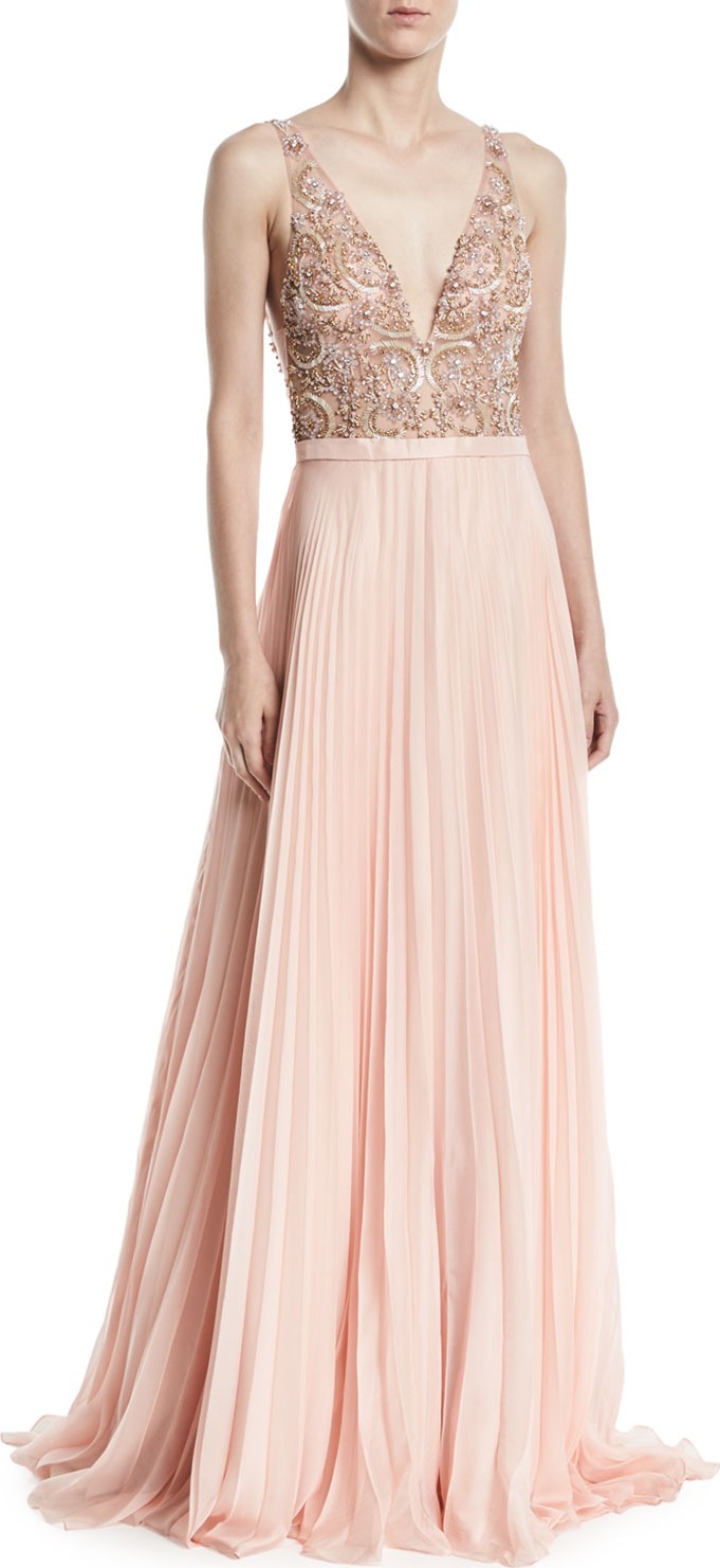 Jovani Sleeveless Gown w/ Beaded Bodice & Pleated Skirt