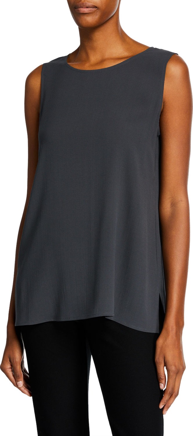Eileen Fisher Bateau-Neck Sleeveless Silk Crepe Shell w/ Side Slits