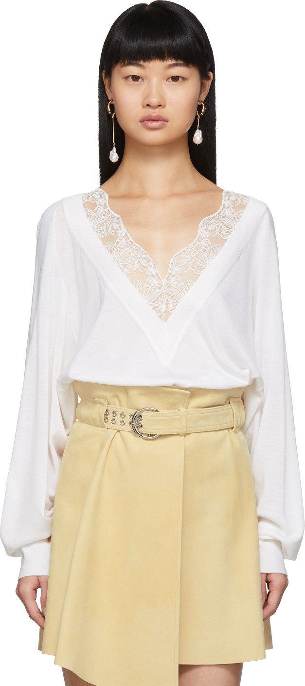Chloe Off-White Wool & Silk Lace V-Neck Sweater