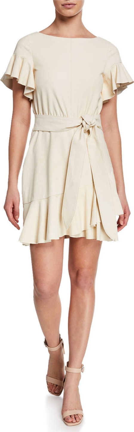 Cinq A Sept Aimee Boat-Neck Goat Leather Ruffle Dress