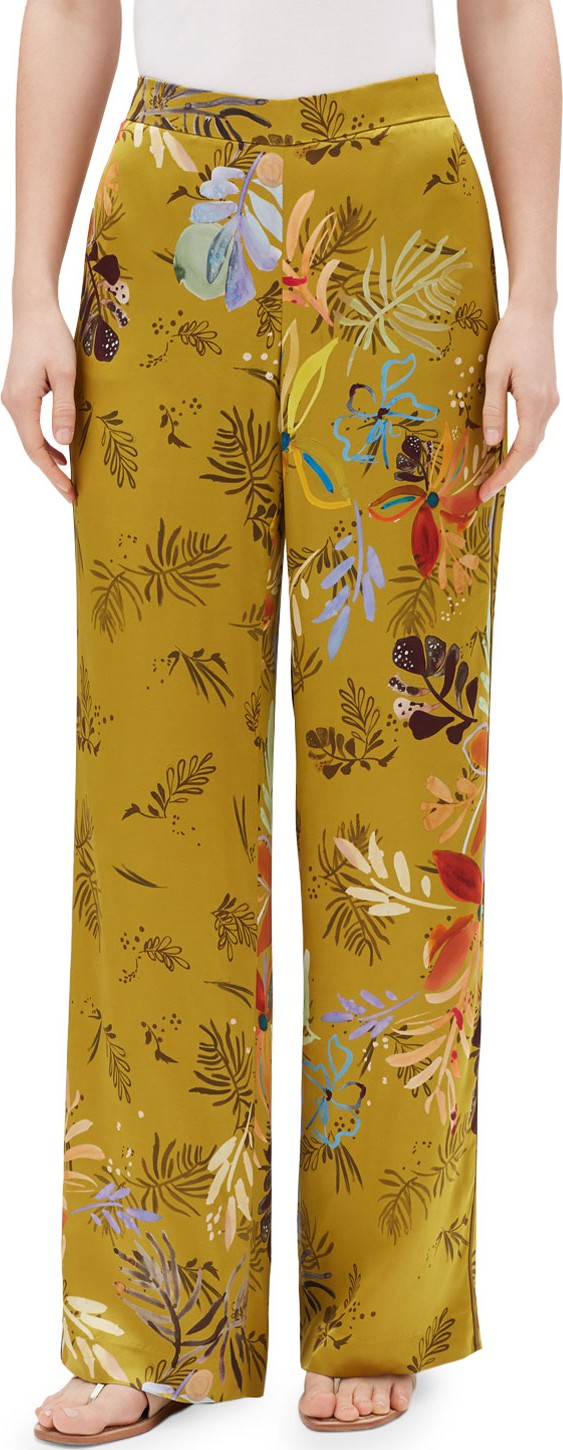Lafayette 148 New York Columbus Bouquet-Print Wide-Leg Drape Cloth Pants