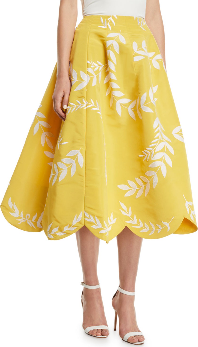 Oscar De La Renta Two-Pocket Fern Thread-Work Embroidered Full Midi Skirt w/ Scallop Hem