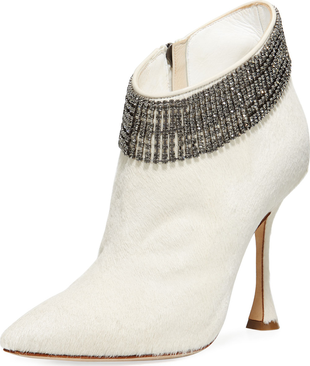 Manolo Blahnik Bomabi Calf Hair and Crystal Bootie