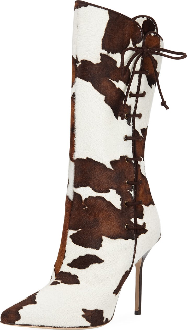 Manolo Blahnik Vane Calf Hair Mid-Calf Boot with Lace-Up Detail