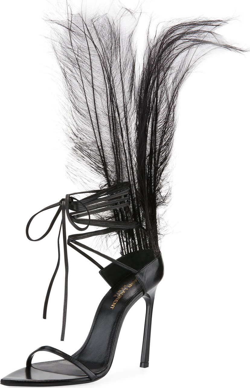 Saint Laurent Iris Patent Sandal with Feathers