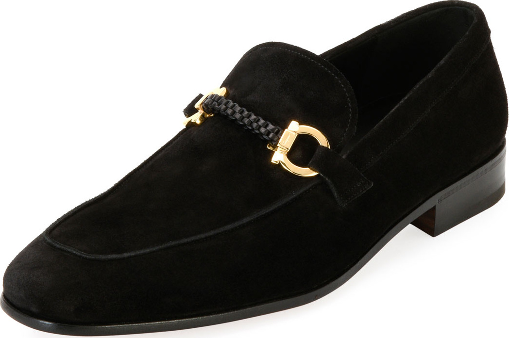 Salvatore Ferragamo Men's Suede Braided Gancini Loafer, Black