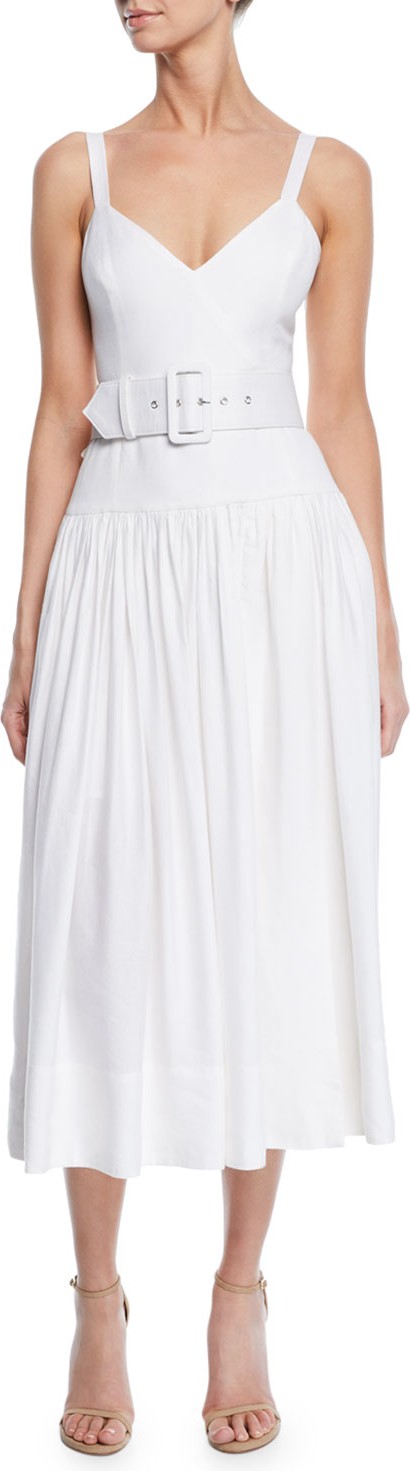 Shona Joy Gaia Sleeveless V-Neck Drop-Waist Midi Dress w/ Belt