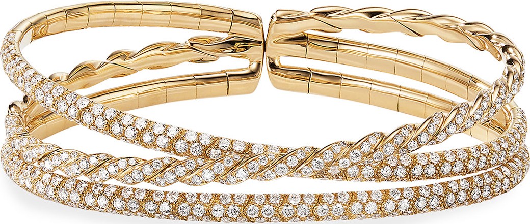 David Yurman 18k Gold Three-Row Paveflex Bracelet with Diamonds, Size M