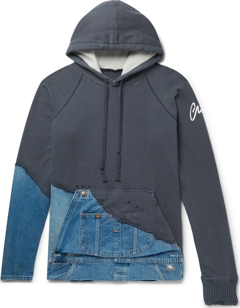 Greg Lauren Panelled Distressed Loopback Cotton-Jersey and Denim Hoodie