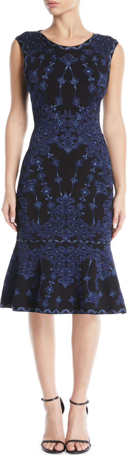 Herve Leger Sleeveless Round-Neck Damask-Jacquard Cocktail Dress