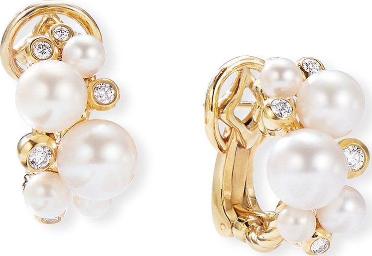 David Yurman 18k Gold Pearl & Diamond Cluster Earrings