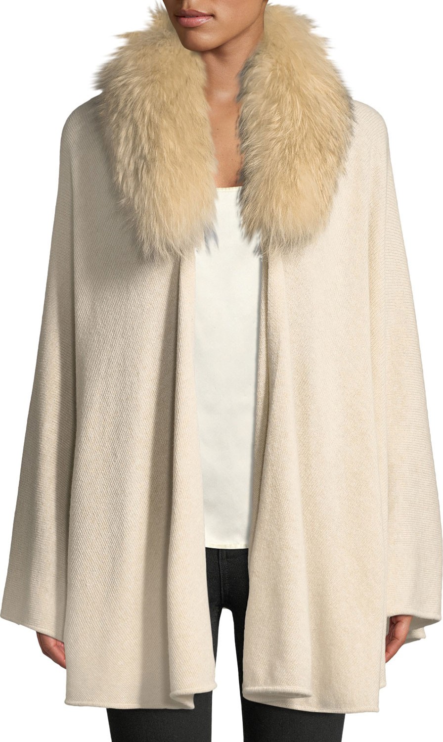 HALSTON HERITAGE Cape-Sleeve Cardigan Sweater w/ Detachable Fur Collar