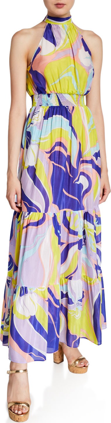 Emilio Pucci Printed High-Neck Tiered Maxi Dress