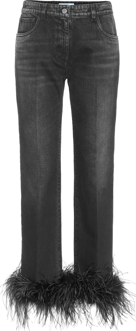 Prada High-rise feather-trimmed jeans