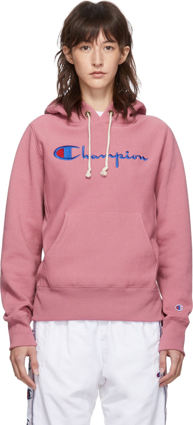 Champion Reverse Weave Pink Big Script Logo Hoodie
