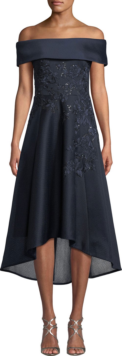 Rickie Freeman for Teri Jon Off-the-Shoulder Embroidered Neoprene High-Low Dress