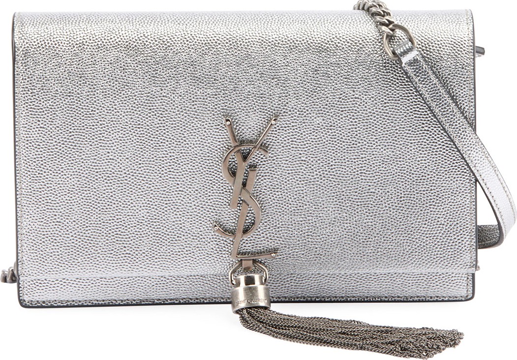 Saint Laurent Kate Monogram YSL Small Crackled Metallic Tassel Wallet on Chain - Silver Hardware