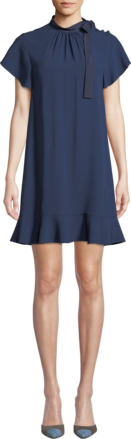 RED Valentino High-Neck Short-Sleeve Crepe de Chine Dress
