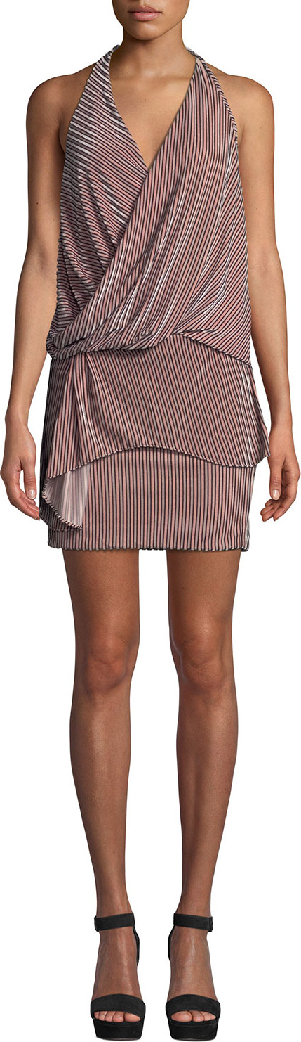 MISA Los Angeles Valere Striped Velvet Draped-Front Halter Dress