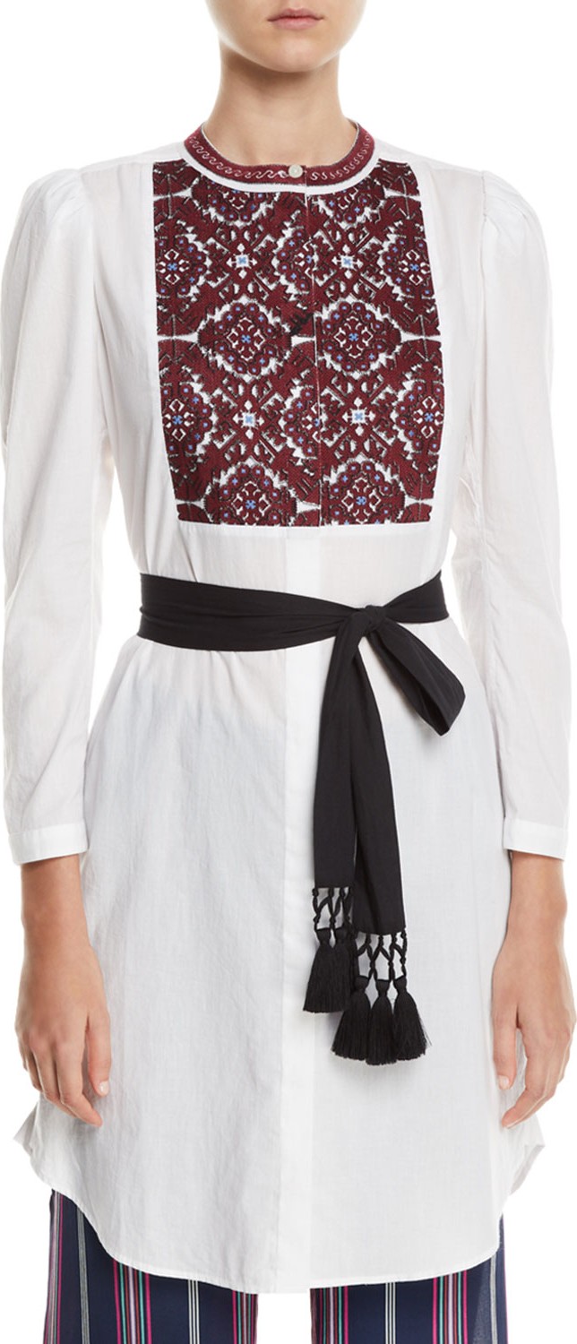 FIGUE Perine Embroidered-Bib Tie-Waist Dress