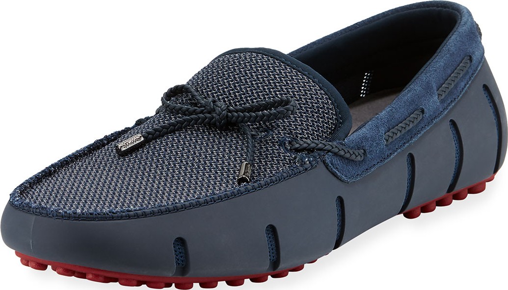 Swims Mesh & Rubber Braided-Lace Boat Shoe, Navy