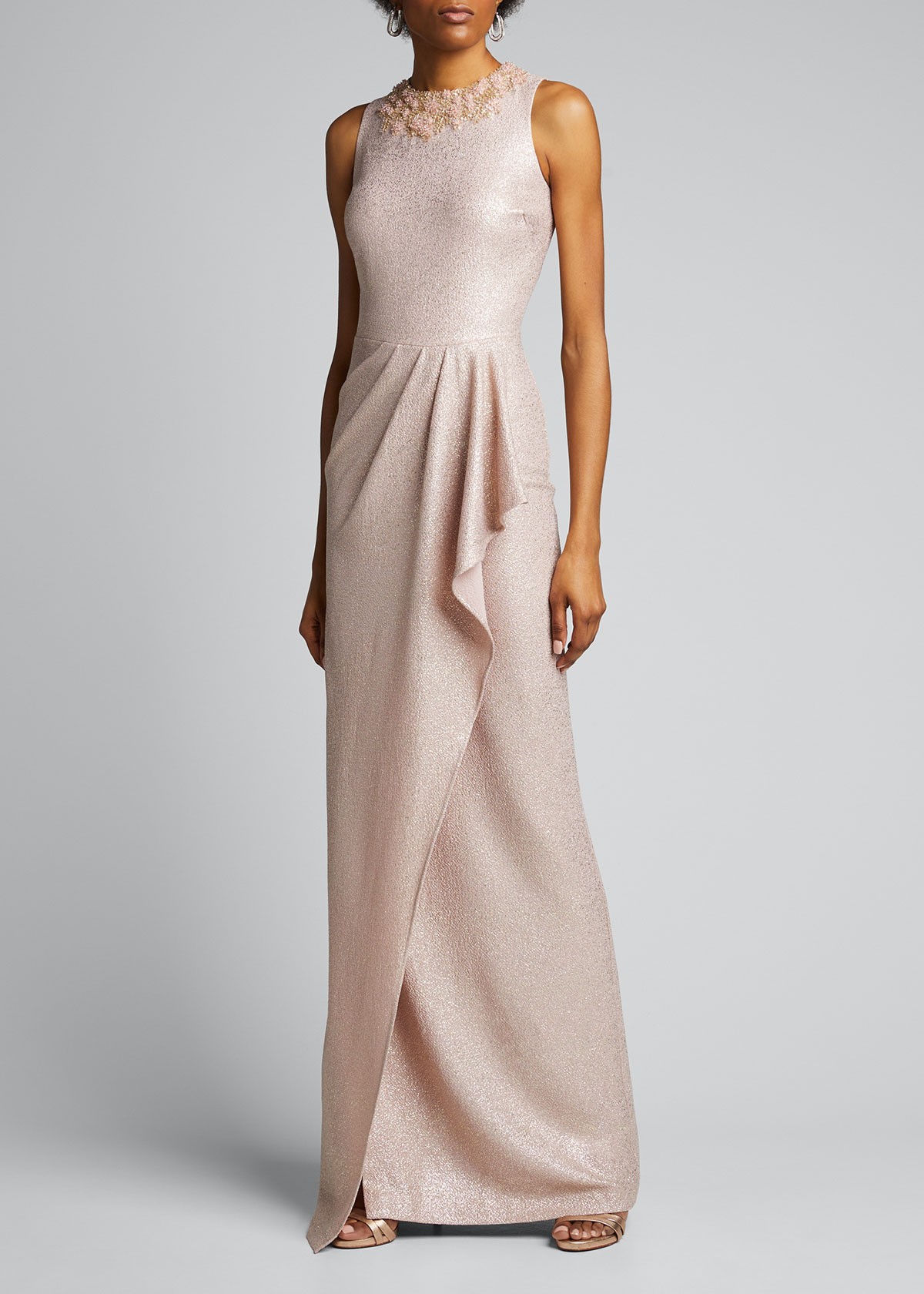 Rickie Freeman for Teri Jon Stretch Metallic Gown w/ Cutaway Draped Skirt