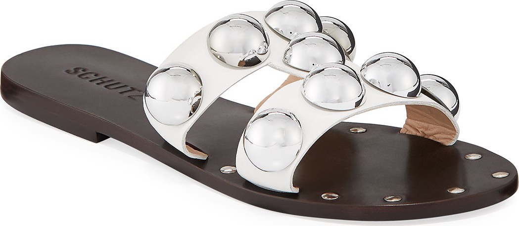 Schutz Benedita Flat Dome-Stud Leather Slide Sandals