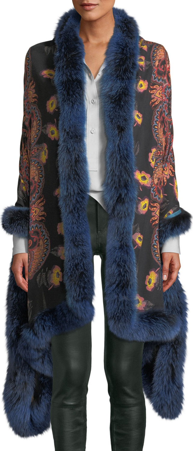 Etro Shaal-Nur Poppy Paisley Shawl w/ Fur Trim