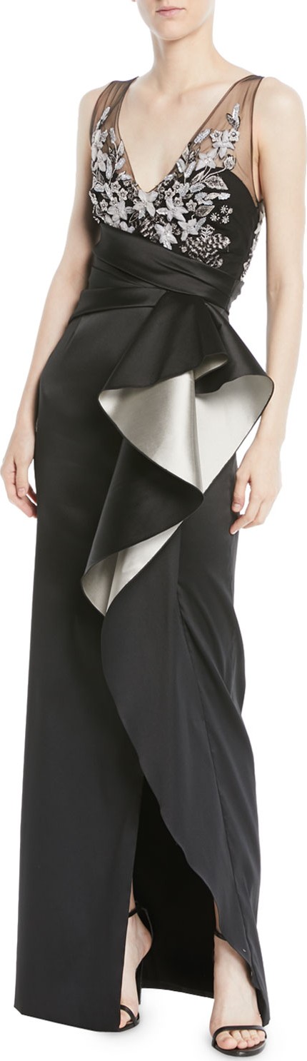 Marchesa Notte Two-Tone Stretch Mikado Column Gown