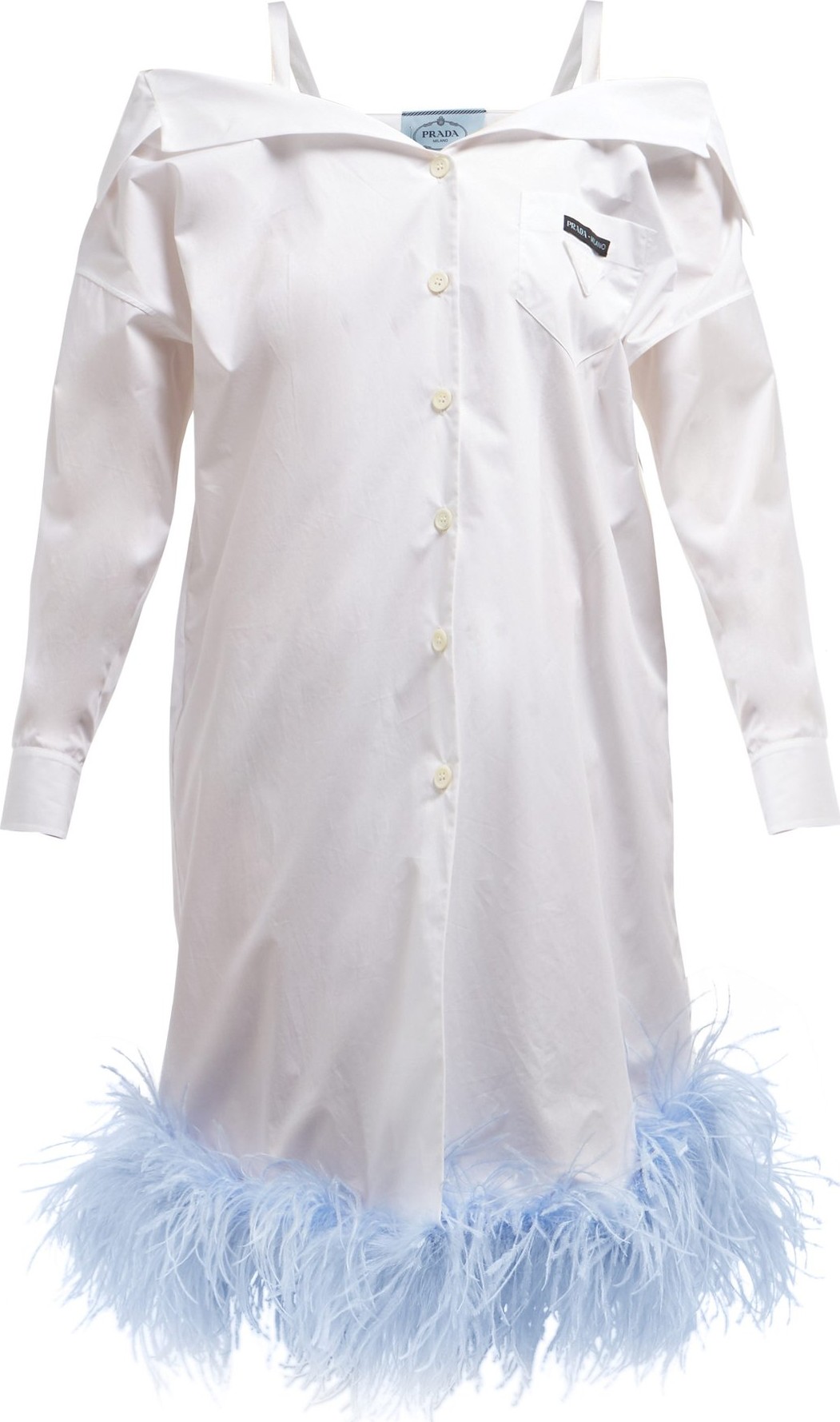 Prada Feather-trimmed off-the-shoulder cotton shirtdress