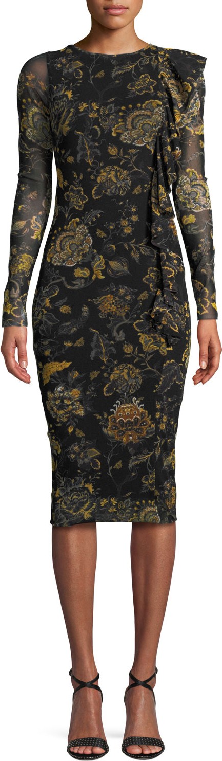 Fuzzi Long-Sleeve Side-Ruffle Bodycon Floral Dress