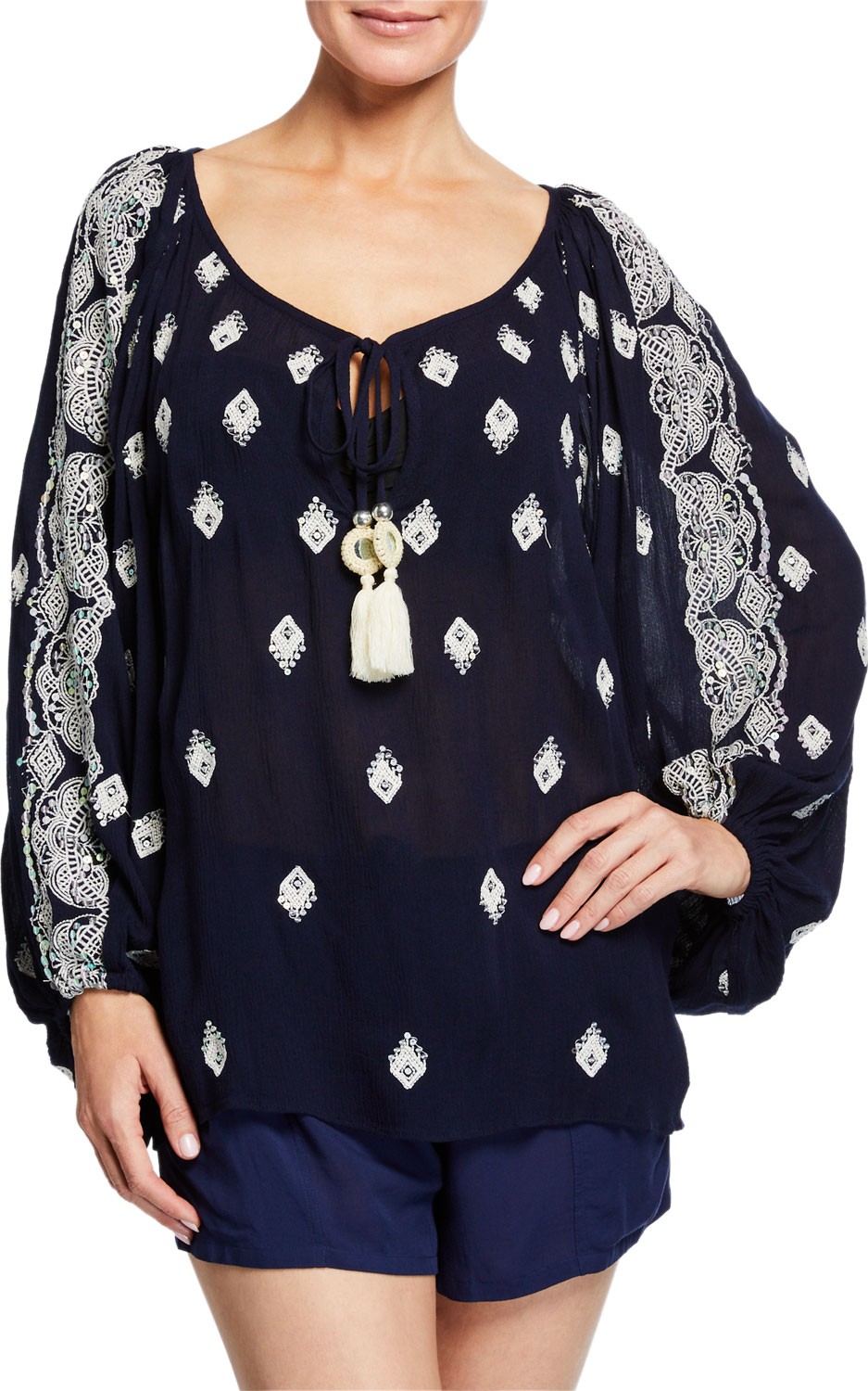 Ramy Brook Myra Embellished Tie-Front Top