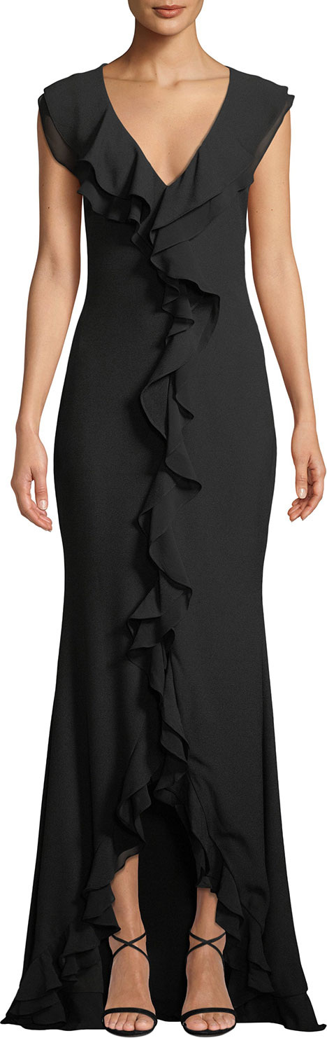 ZAC Zac Posen Aiden V-Neck Cascade Ruffle Gown