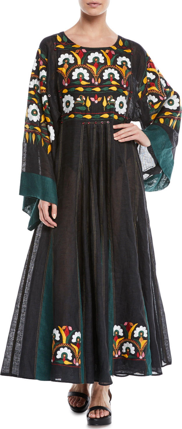 Vita Kin Round-Neck Long-Sleeve Floral-Embroidered Long Linen Dress