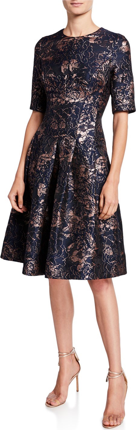 Rickie Freeman for Teri Jon Metallic Floral Jacquard Elbow-Sleeve A-Line Dress