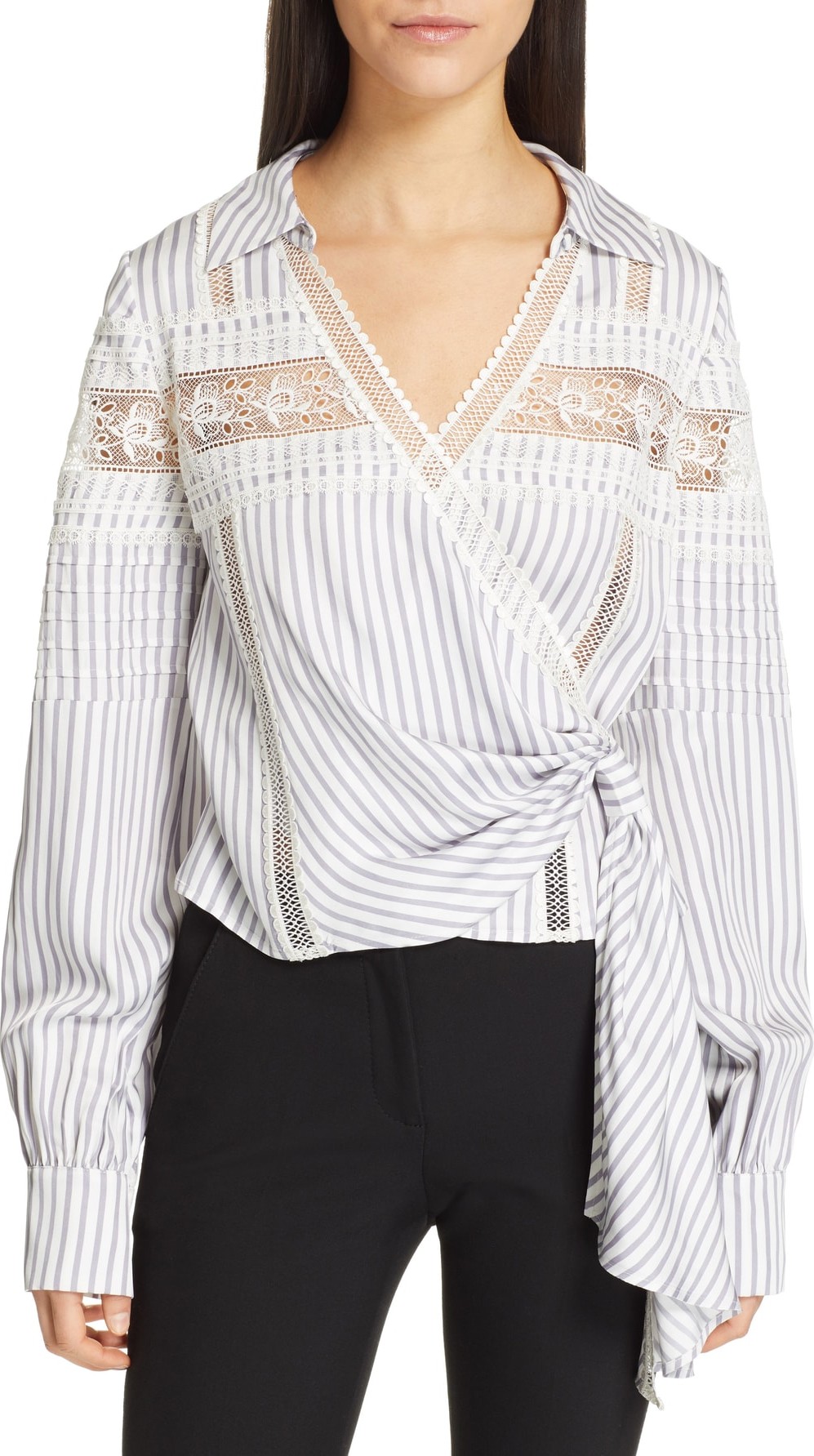 Self Portrait Lace Trim Stripe Wrap Top