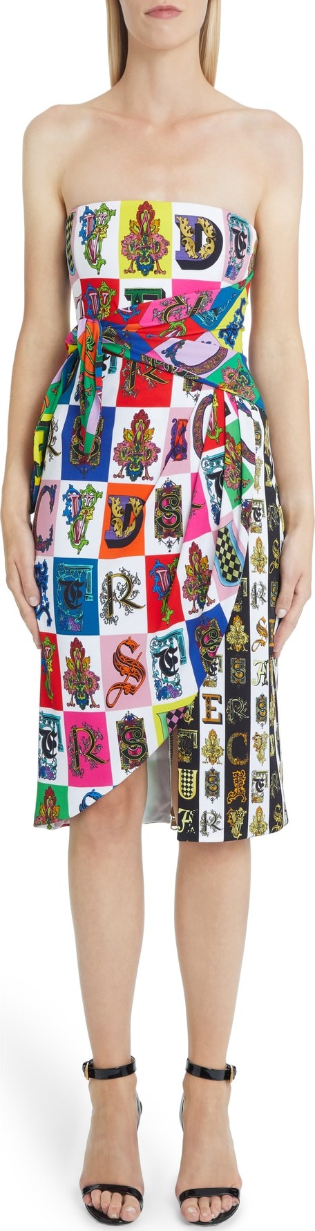 Versace First Line Alphabet Print Strapless Sheath Dress