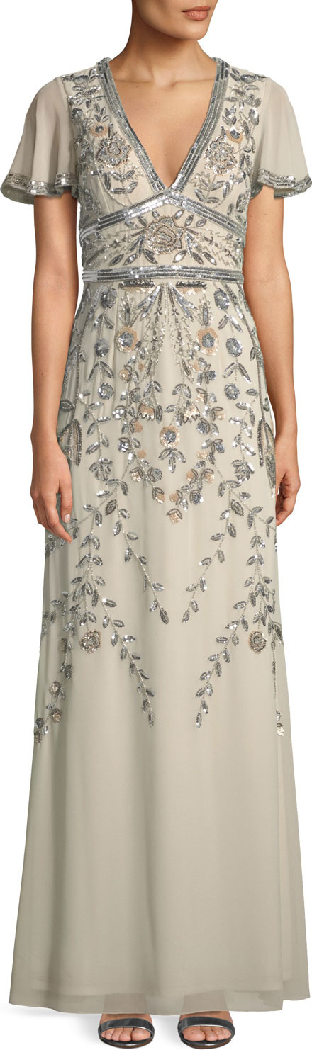 Aidan Mattox Short-Sleeve V-Neck Beaded Gown