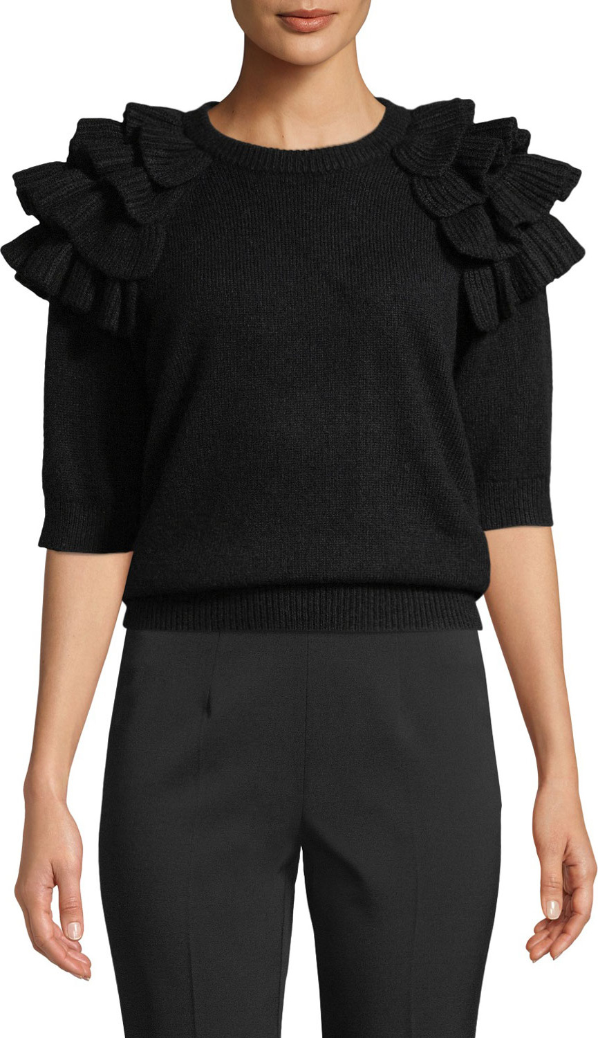 Michael Kors Collection Ruffled Elbow-Sleeve Crewneck Cashmere Sweater