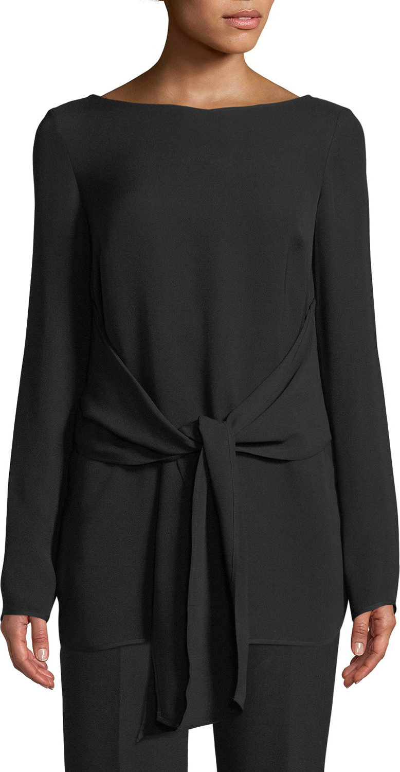 St. John Long-Sleeve Tie-Waist Georgette Top