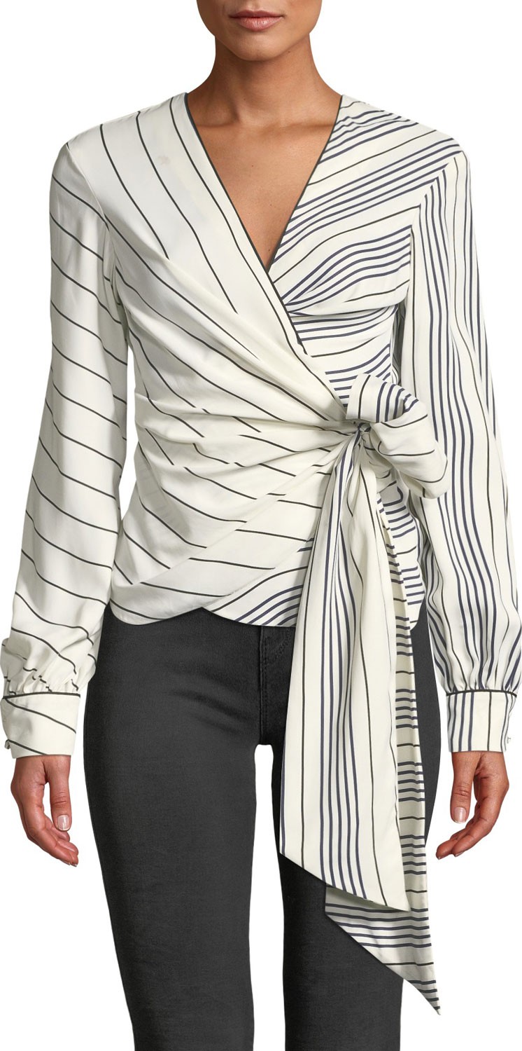 Jonathan Simkhai Multimedia Stripe Long-Sleeve Wrap Top