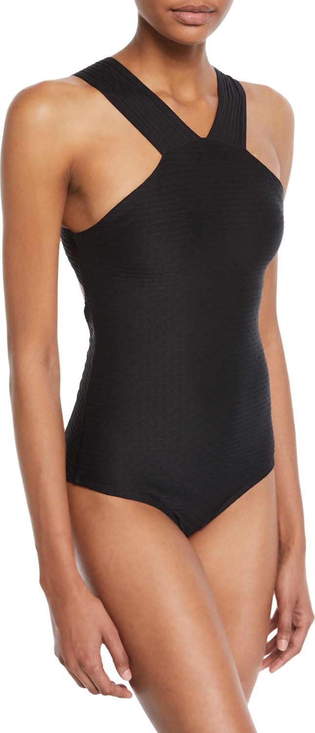 Shoshanna Black Tide Jacquard One-Piece Swimsuit With High-Neck