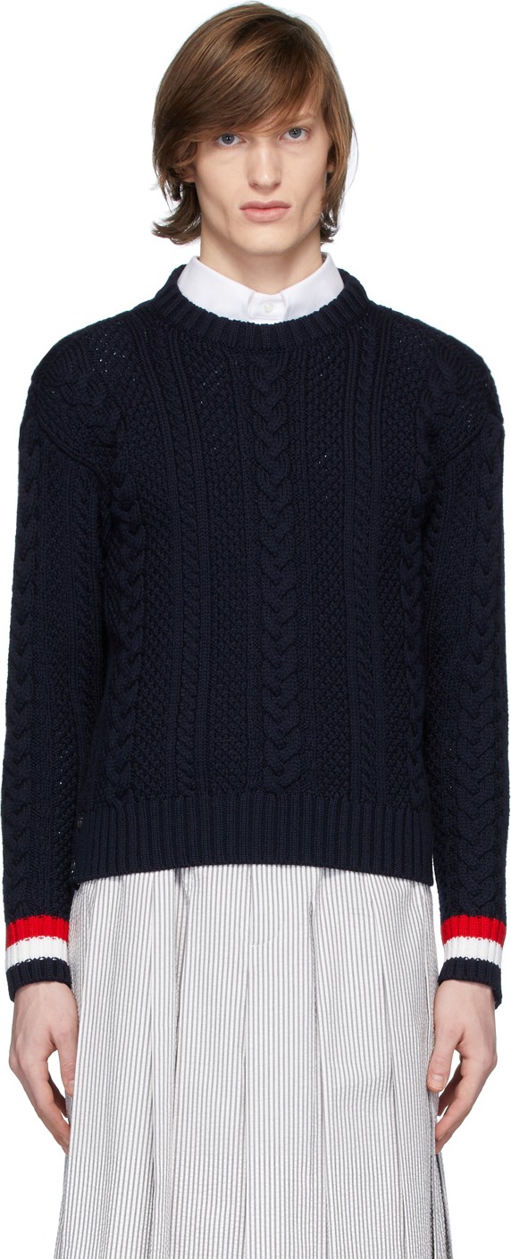 Thom Browne Navy Merino Aran Cable Sweater