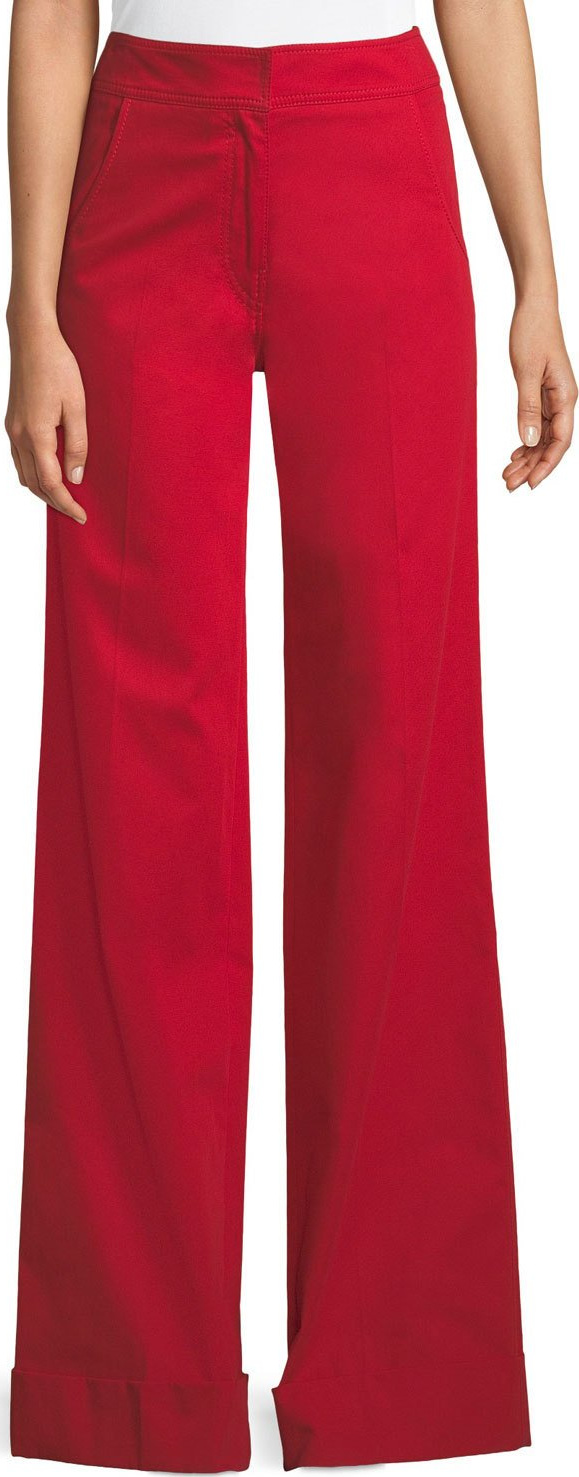 Derek Lam Flat-Front Wide-Leg Cuff Stretch-Cotton Trousers